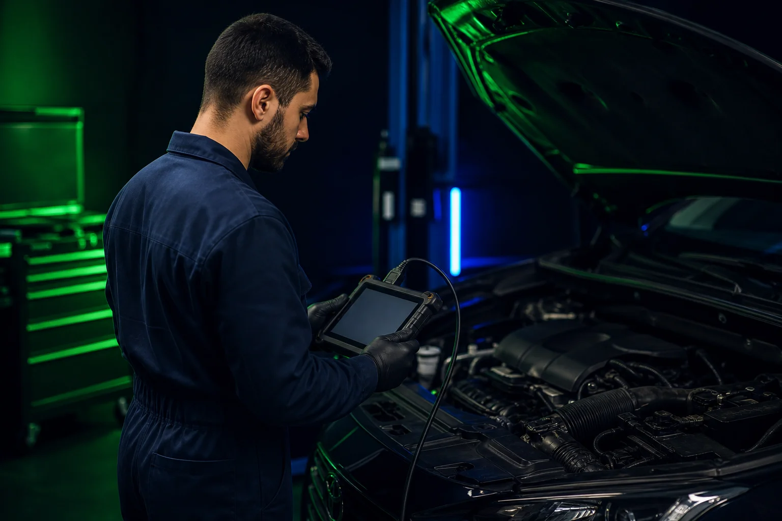 Diagnosearbeitsplatz mit OBD-Prüfgerät und Motorraumanschluss in dunkler Werkstatt